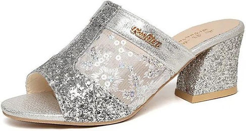 Produktbild von Damen Sommer Coole Hausschuhe Pailletten Strass Oberbekleidung Damen Dicker Absatz Weiches Leder Große Größe 43 Hausschuhe 40 silber
