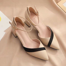 Produktbild von Damenmode Klobige Absätze Sandalen Spitzschuh Schnalle High Heels Schuhe mit Colorblock für Frühling und Sommer 40 apricot