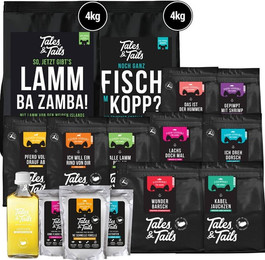 Produktbild von Das große Futterpaket - Probierpaket Hundefutter, Leckerli, Lachsöl, Nassfutter