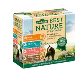 Produktbild von Dehner Best Nature Adult Multipack, 4 verschiedene Sorten, 8 x 85 g Beutel Ente, 680g, Nassfutter für Katzen, mit Kalb / Wild / Geflügel / Lachs / Kaninchen
