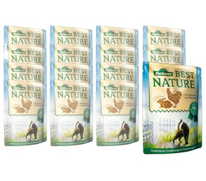 Produktbild von Dehner Best Nature Adult verschiedene Sorten, 16 x 85 g Beutel Kaninchen, 1360g, Nassfutter für ausgewachsene Katzen