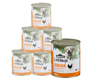 Produktbild von Dehner Lieblinge Junior Geflügel / Reis, 6 x 800 g Dose Geflügel, 4800g, Nassfutter für Welpen / junge Hunde, vitaminreich