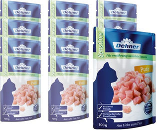 Dehner Premium Adult, Sensitive, versch. Sorten, 12 x 100 g Beutel Pute, Nassfutter für: Katze, Nassfutter für ausgewachsene, sensible Katzen – Bild 1 von 2