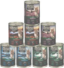 Dehner Wild Nature Probier-Set Fisch / Wild / Geflügel / Hase, 8 x 400 g Dose Lachs, 3200g, Nassfutter für ausgewachsene Katzen, getreidefrei – Bild 1 von 5