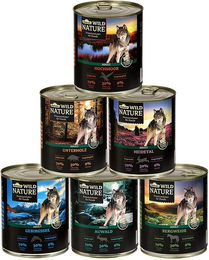 Dehner Wild Nature Probier-Set, mit Ente / Pferd / Lachs, 6 x 800 g Dose, Nassfutter für: Hunde, Nassfutter für ausgewachsene Hunde, getreidefrei / zuckerfrei – Bild 1 von 5