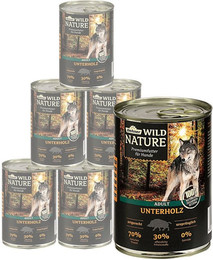 Produktbild von Dehner Wild Nature Unterholz Adult Rind / Wildschwein, 6 x 400 / 800 g Dose, Nassfutter für ausgewachsene Hunde, glutenfrei