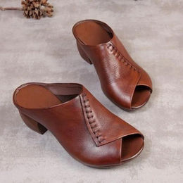 Produktbild von Dicke Absätze aus weichem Leder, Außenpantoffeln, Fischmaul, bequeme Damen-Sandalen mit mittleren Absätzen, Damen-Mutterschuhe, Damen 40 braun