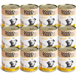 Produktbild von Dogs’n Tiger Adult Premium Nassfutter für Hunde Mahlzeit mit 67% Huhn, Leinsamenöl & Kräuter - 12 x 800 g