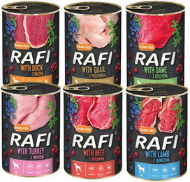 Produktbild von DOLINA NOTECI Rafi Premium Dosen MIX Ente, Wachtel, Wilde, Lamm, Pute 48x400g