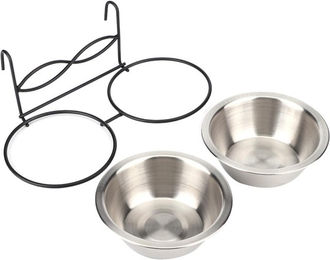 Produktbild von Doppelhängender Futter-Wassernapf aus Edelstahl mit Haken für Katze, Haustier, Hund, Welpe, Zwingerkäfig