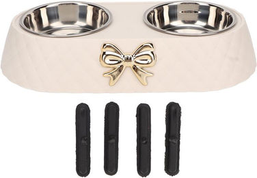 Produktbild von Doppelte Haustiernäpfe Rutschfest Edelstahl Haustierfutter Wassernäpfe mit Schleifendekor Halter für beige