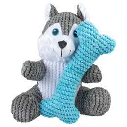 Produktbild von DUVO+ Tierkuscheltier Hundespielzeug Plüsch Husky mit Knochen grau/blau
