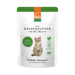 Produktbild von Defu Bio Katzenfutter Truthahn Lachs Harmonie für erwachsene Katzen 12x85g