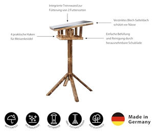 Dehner Natura Wildvogel-Futterhaus Rofan mit Ständer Alpstein aus Fichtenholz und Blech in Braun und Silber 129.7 x 84.3 x 84.3 cm – Bild 1 von 13