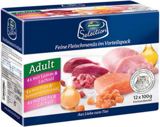 Dehner Premium Katzen Nassfutter Adult Multipack Lamm Pute Lachs Getreidefrei 12 x 100 g Beutel – Bild 1 von 5