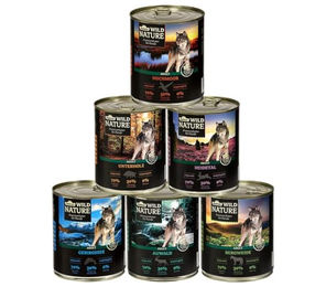 Dehner Wild Nature Hundefutter Probier-Set Nassfutter für erwachsene Hunde getreidefrei und zuckerfrei mit Ente Pferd Wild und Kaninchen 6 x 800 g Dosen 4.8 kg – Bild 1 von 13