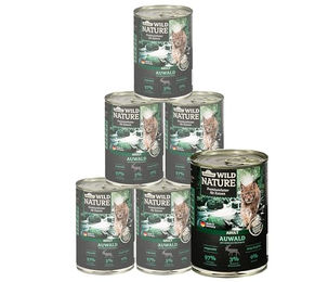Dehner Wild Nature Katzenfutter Auwald Nassfutter Adult Hirsch und Truthahn getreidefrei und zuckerfrei 6 x 400 g Dosen – Bild 1 von 6