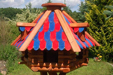 Deko-Shop-Hannusch Vogelhaus aus Holz mit Holzschindeln, Gauben und Solarbeleuchtung in Blau-Rot – Bild 1 von 4