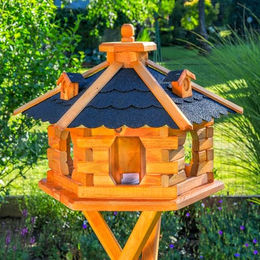 Deko-Shop-Hannusch Vogelhaus Futtersilo aus Holz mit Solarbeleuchtung und Ständer Größe L Schwarz – Bild 1 von 9