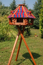 Produktbild von Deko-Shop-Hannusch XXL Luxus Vogelhaus aus Holz mit Solarbeleuchtung und Ständer Blau-Rot