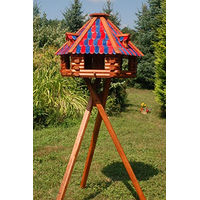 Produktbild von Deko-Shop-Hannusch XXL Luxus Vogelhaus aus Holz mit Solarbeleuchtung und Ständer Blau-Rot