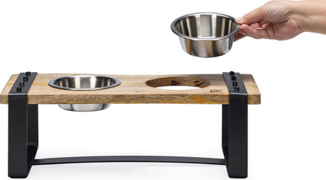 Designed by Lotte Hunde Dinnerset Karinto aus Holz und Metall mit 2 Näpfen Braun Silber 44x19x15 cm - 700 ml – Bild 1 von 7