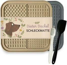 Dieter Dackel Schleckmatte 2er Set aus Silikon in Beige mit Spatel und Bürste – Bild 1 von 3