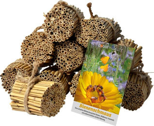 Produktbild von dobar Green Label Insektenhotel Schilfrohrhalme-Set mit Bienenschmaus Samenmischung in Braun