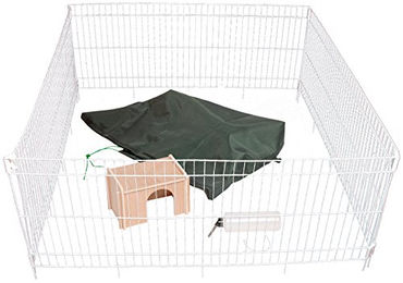 dobar Kaninchengehege Set XL aus Metall mit Holzhäuschen und Trinkflasche wetterfest 119.5 x 119.5 x 52 cm silberfarben – Bild 1 von 5