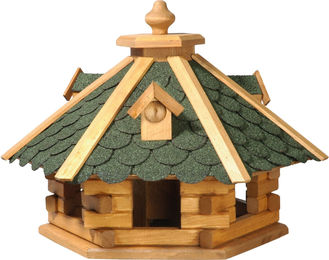 Dobar XL Vogelfutterhaus im Blockhaus-Stil aus Holz mit grünem Bitumendach und 6 Einfluglöchern – Bild 1 von 4