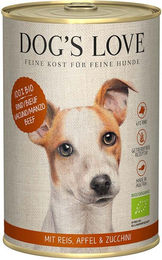 Produktbild von Dog's Love Bio Hundefutter Rind mit Reis, Apfel und Zucchini Stückchen in Sauce Adult 12x400g