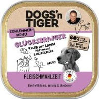 Produktbild von Dogs’n Tiger Glücksbringer Schale Hundefutter Adult Rind und Lamm mit Stückchen in Sauce, getreidefrei, 10x150g