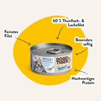 Produktbild von Dogs'n Tiger Hund Nassfutter Thunfisch und Lachsfilet Stückchen in Sauce getreidefrei ohne Zucker 12x70g - 12 x 70 g