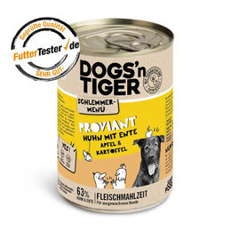 Produktbild von Dogs'n Tiger Hundefutter Adult Huhn mit Ente Apfel und Kartoffel Stückchen in Sauce getreidefrei ohne Zucker 6 x 400 g - 6 x 400 g