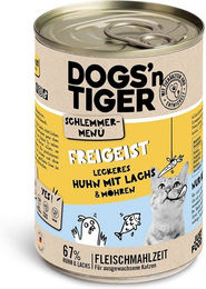Produktbild von Dogs'n Tiger Hundefutter Schlemmermenü Freigeist Huhn Lachs und Möhre Adult Getreidefrei 6x400g