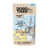 Produktbild von Dogs'n Tiger Katzennassfutter Schlemmermenü Adult Stückchen in Sauce mit Lachs und Huhn Hoher Fleischanteil 12 x 125 g