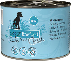 Dogz Finefood Hundefutter Nass Wild und Hering Getreidefrei und Zuckerfrei mit hohem Fleischanteil 6 x 200 g Dose - 6 x 200 g – Bild 1 von 2