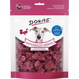 Produktbild von Dokas Belohnungssnack Entenbrust-Würfel mit Kichererbsen, Rote Beete & Kokosöl für Hunde Adult 4x150g ohne Farb- und Aromastoffe