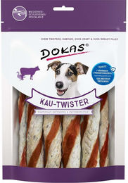 Produktbild von Dokas Kau-Twister Kausnack für Hunde mit Rinderhaut, Entenherz und Entenbrustfilet 9x200g