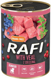 Produktbild von Dolina Noteci Rafi Junior Hundefutter Kalb mit Lachs Stückchen in Sauce für Welpen 400 g