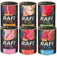 Produktbild von Dolina Noteci Rafi Premium Hundefutter Mix Ente Wachtel Wild Lamm Pute Stückchen in Sauce mit hohem Fleischanteil 48x400g