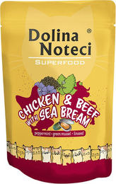Produktbild von Dolina Noteci Superfood Hundefutter Adult Huhn Rind und Seebrasse getreidefrei mit hohem Fleischanteil 10 x 85 g - 10 x 85 g