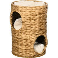 Produktbild von Dopwii Kratztonne aus Wasserhyazinthe mit 2 Höhlen und Katzenbett für Katzen, Hellbraun, 47 cm