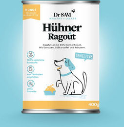 Produktbild von Dr. Sam Hundefutter Hühner Ragout mit hohem Fleischanteil Stückchen in Sauce 400g