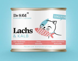 Produktbild von Dr. Sam Premium Nassfutter Lachs Kalb und Rind für Katzen mit Haut und Fell 200g