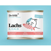 Produktbild von Dr. Sam Premium Nassfutter Lachs Kalb und Rind für Katzen mit Haut und Fell 200g