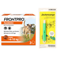 Produktbild von Dr. Schick Frontpro Hund Tabletten gegen Flöhe und Zecken für kleine Hunde 4-10 kg inklusive Zeckenzange Set