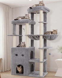 Dripio Kratzbaum für Katzen in Hellgrau mit 2 Ebenen und Spielzeug – Bild 1 von 1