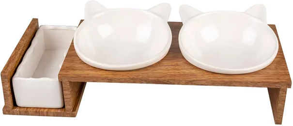 Duvo+ Dinner Set Stone Up Kitty Face Katzen-Futterservice aus Keramik mit Polywood-Ständer in Weiß - 3 x 0,25 l – Bild 1 von 3