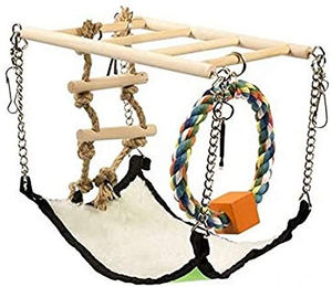 Duvo+ Holzhängebrücke mit Hängematte und Kletterseil für Nager aus Naturholz – Bild 1 von 3
